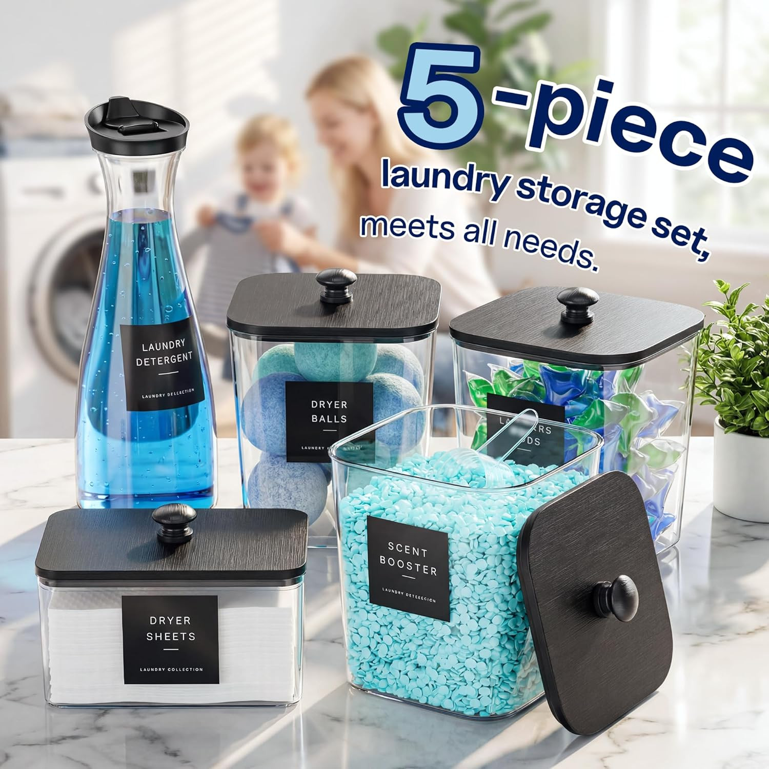3+1+1 Pack Laundry Pods Container & Dryer Sheet Holder with Lid, 54OZ Liquid Soa