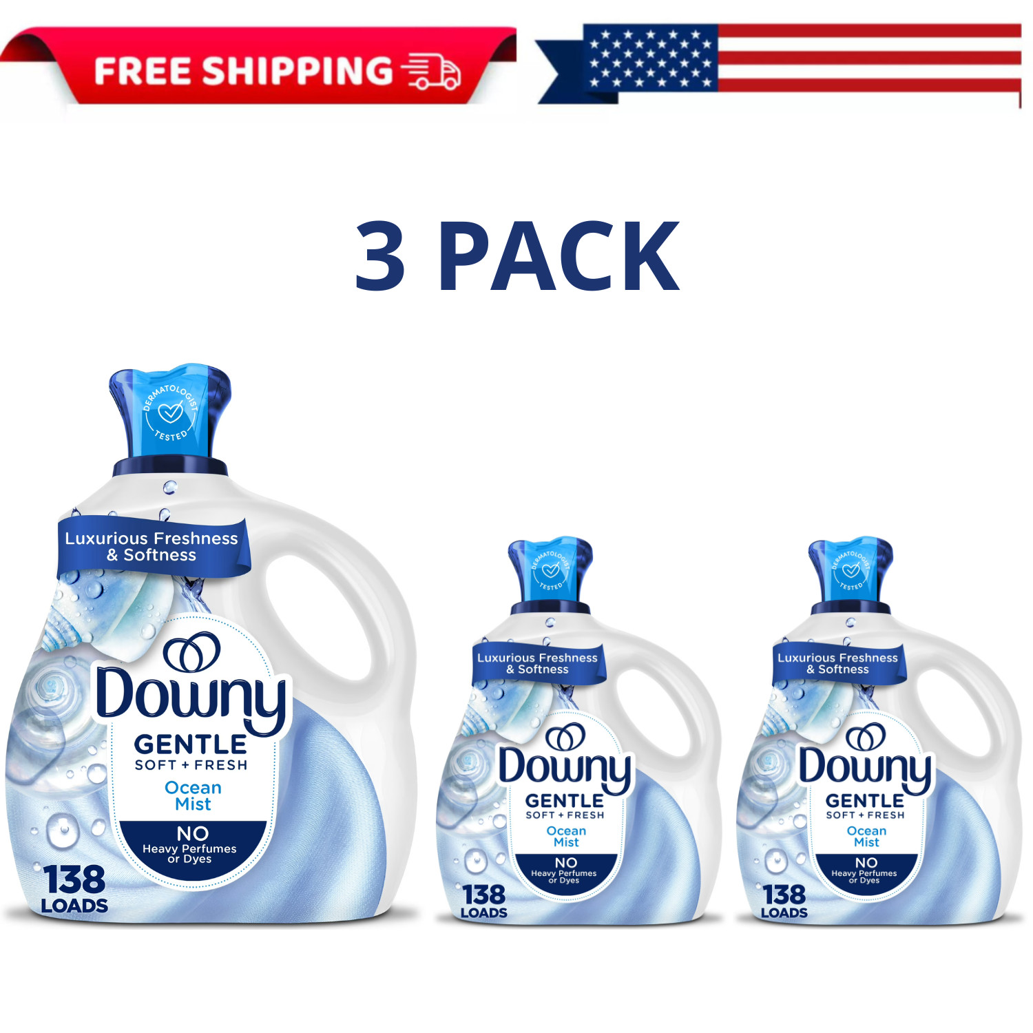 Downy Gentle Soft Fresh Fabric Softener Ocean Mist 93oz 138 Loads, 3 PACK