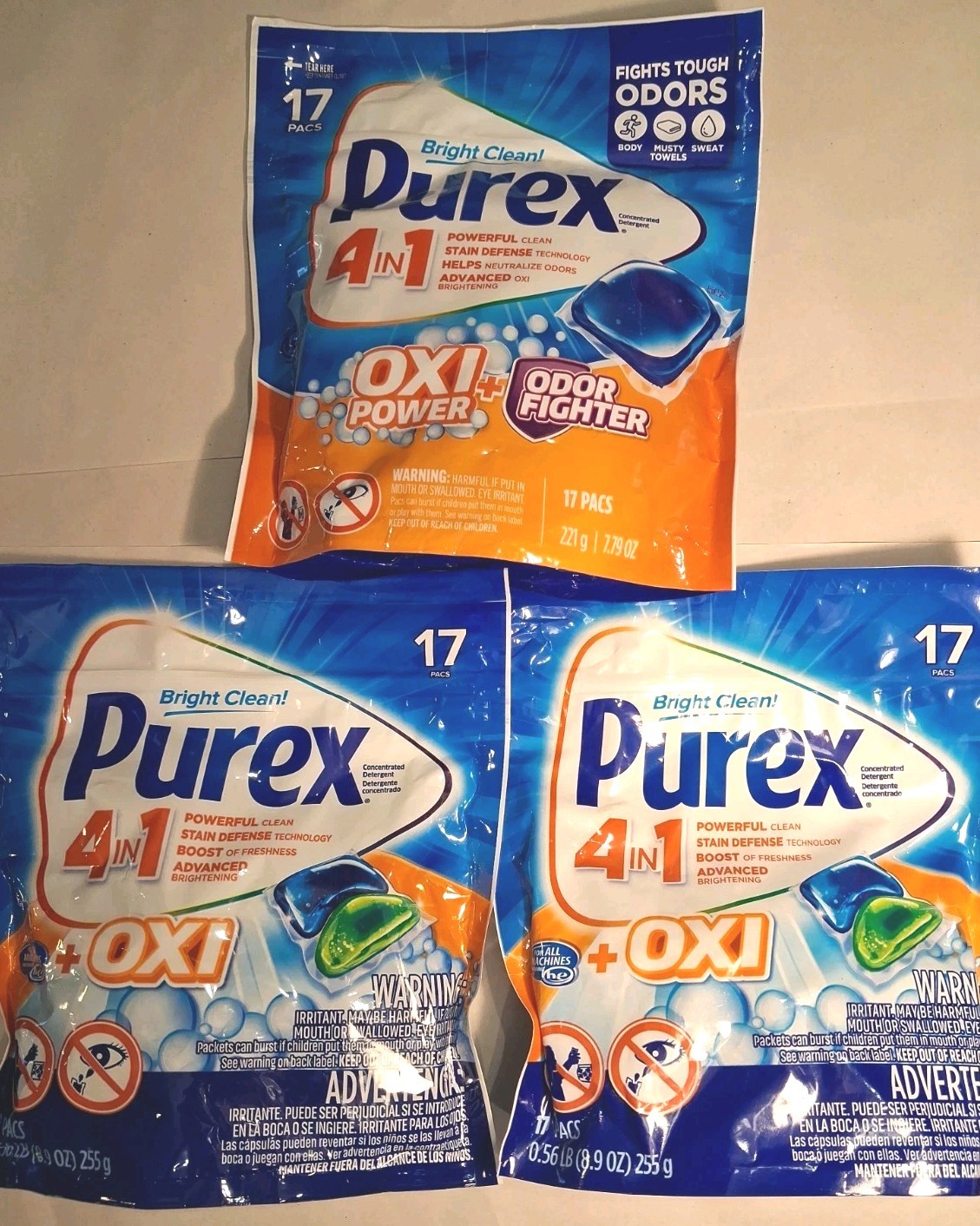 3 Count Purex 4 In 1 Laundry Detergent Pacs W/ Oxy-17ct. Each