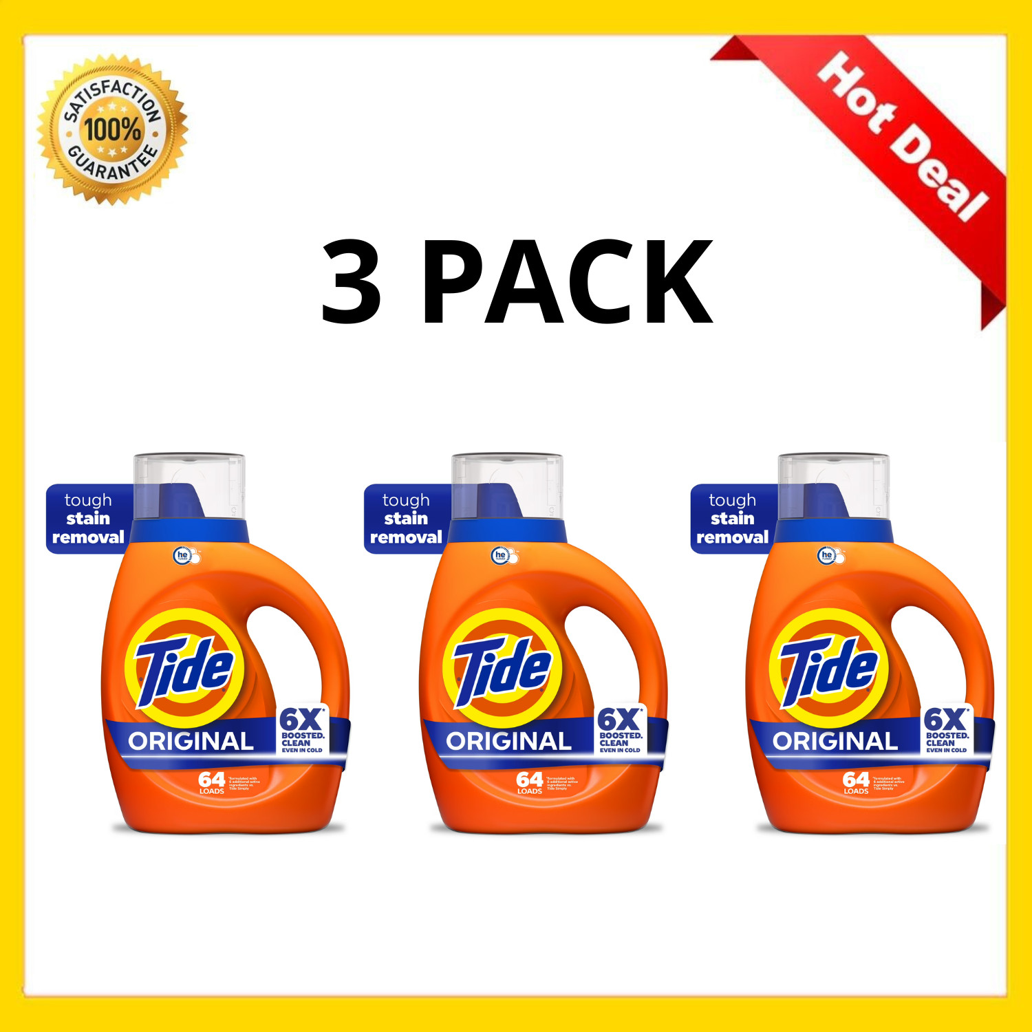 Tide Original Liquid Laundry Detergent 80 fl oz 64 Loads HE Compatible, 3 Pack