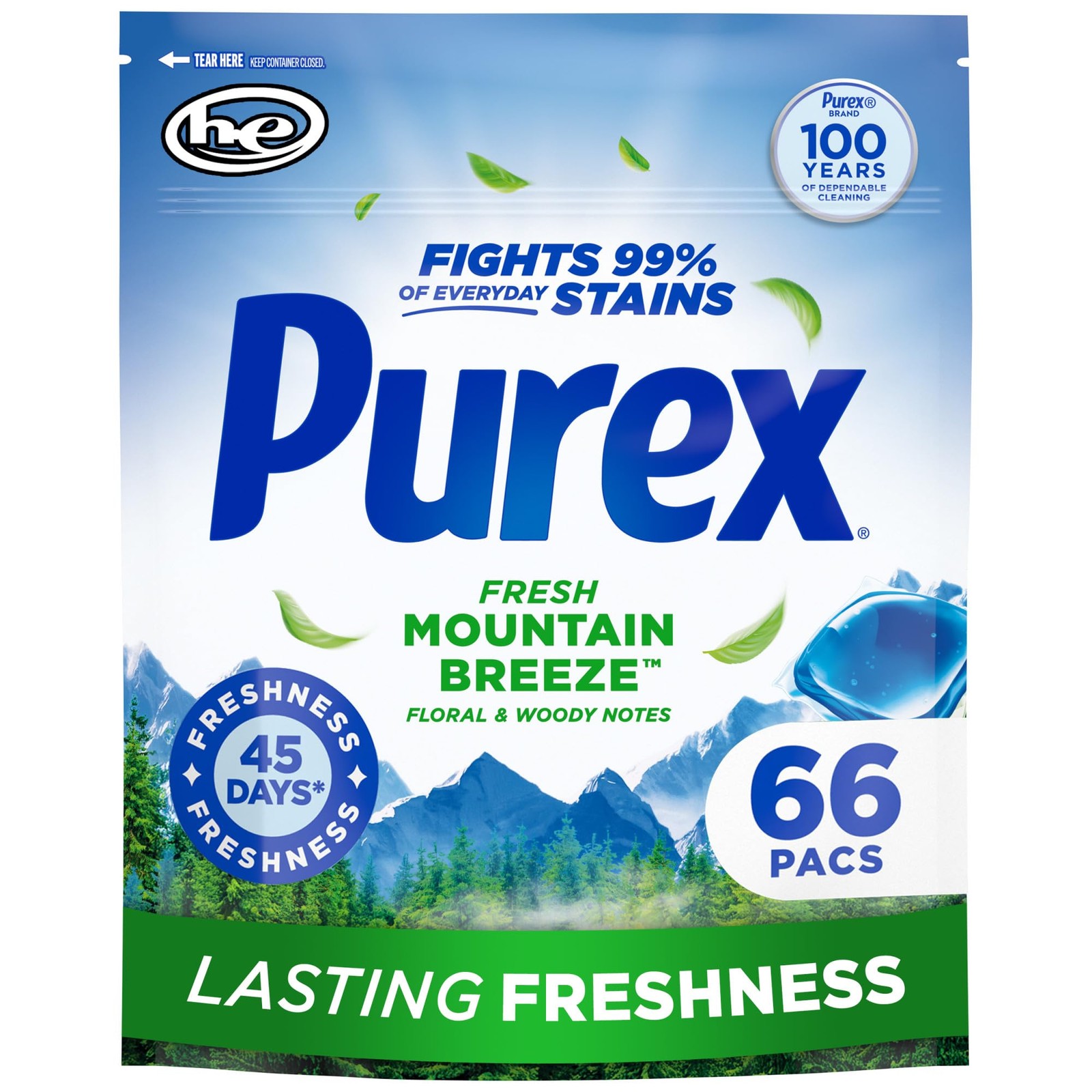 Purex Fresh Mountain Breeze Laundry Detergent Pacs 66 Count 4-in-1 Cleaning
