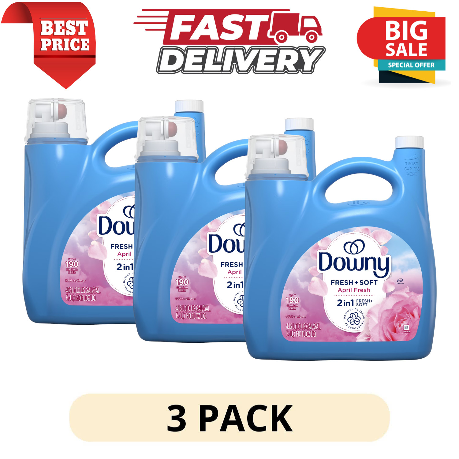(3 Pack) Downy Liquid Fabric Softener April Fresh Scent 140 fl oz 190 Loads