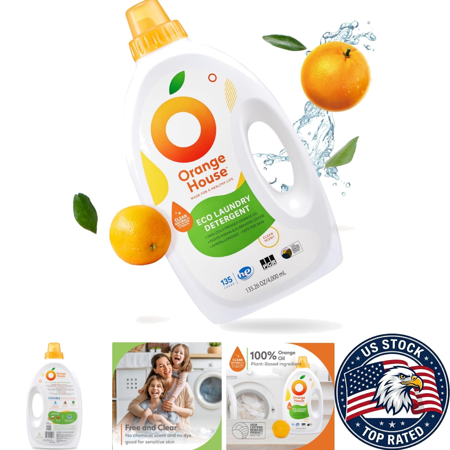 135 Fl Oz Natural Laundry Detergent with Hypoallergenic Orange Oil for Sensit…