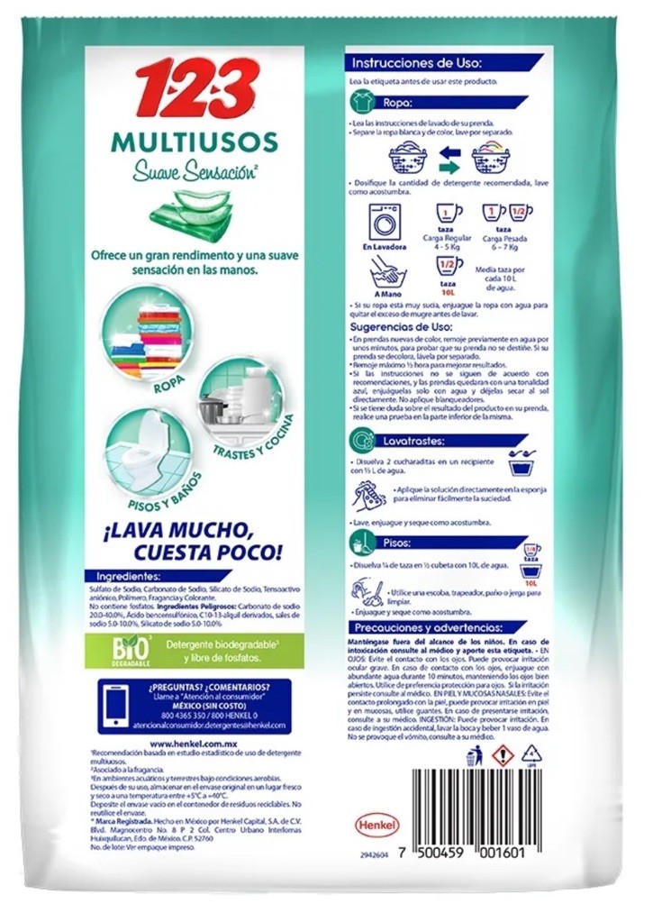 6 Pack DETERGENTE EN POLVO 1.2.3 / Laundry Detergent 900g C/U