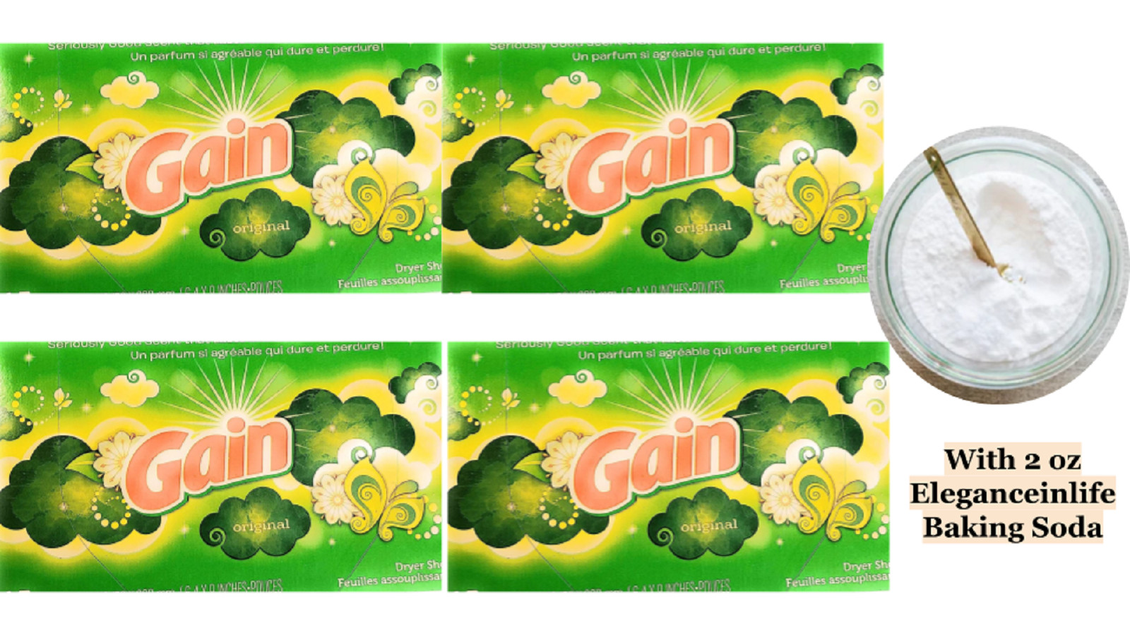 Gain Dryer sheets 15 sheets each 16×22 cm with 2 oz Baking soda pack of 4