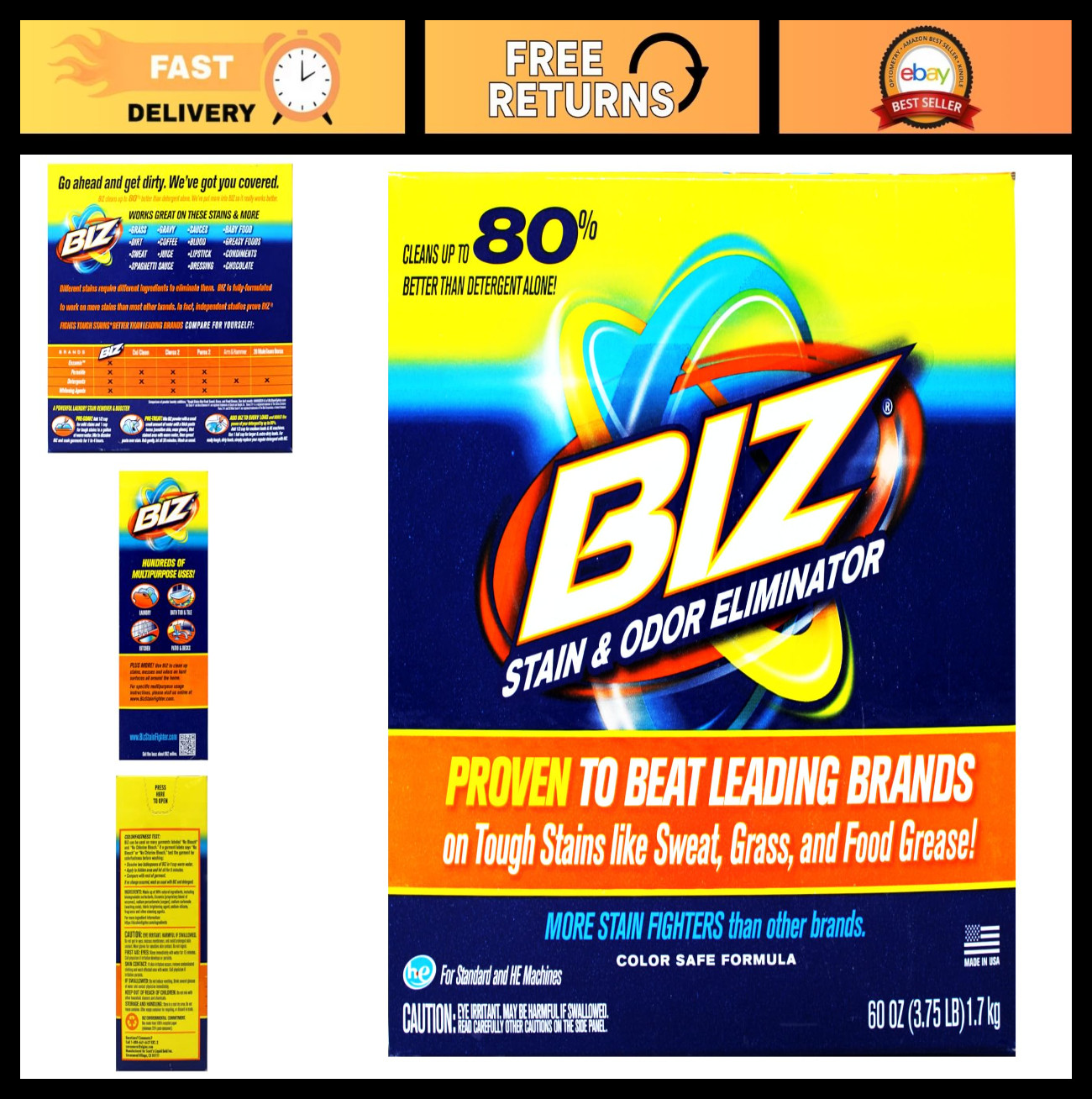 60 Oz. BIZ Powder – 2 Pack, Heavy-Duty Cleaning Solution, Stain Remover, Laundry